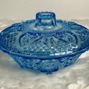 Vintage Indiana Glass Company Iridescent Light Blue Candy Dish - Hearts & Roses